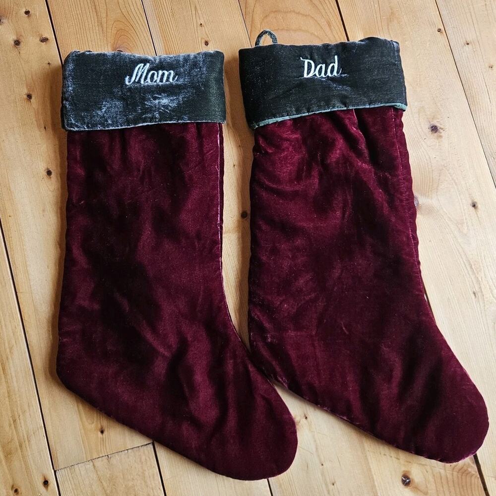 TWO Pottery Barn Christmas Stockings Maroon Green Velvet Mom Dad Embroidered 21"